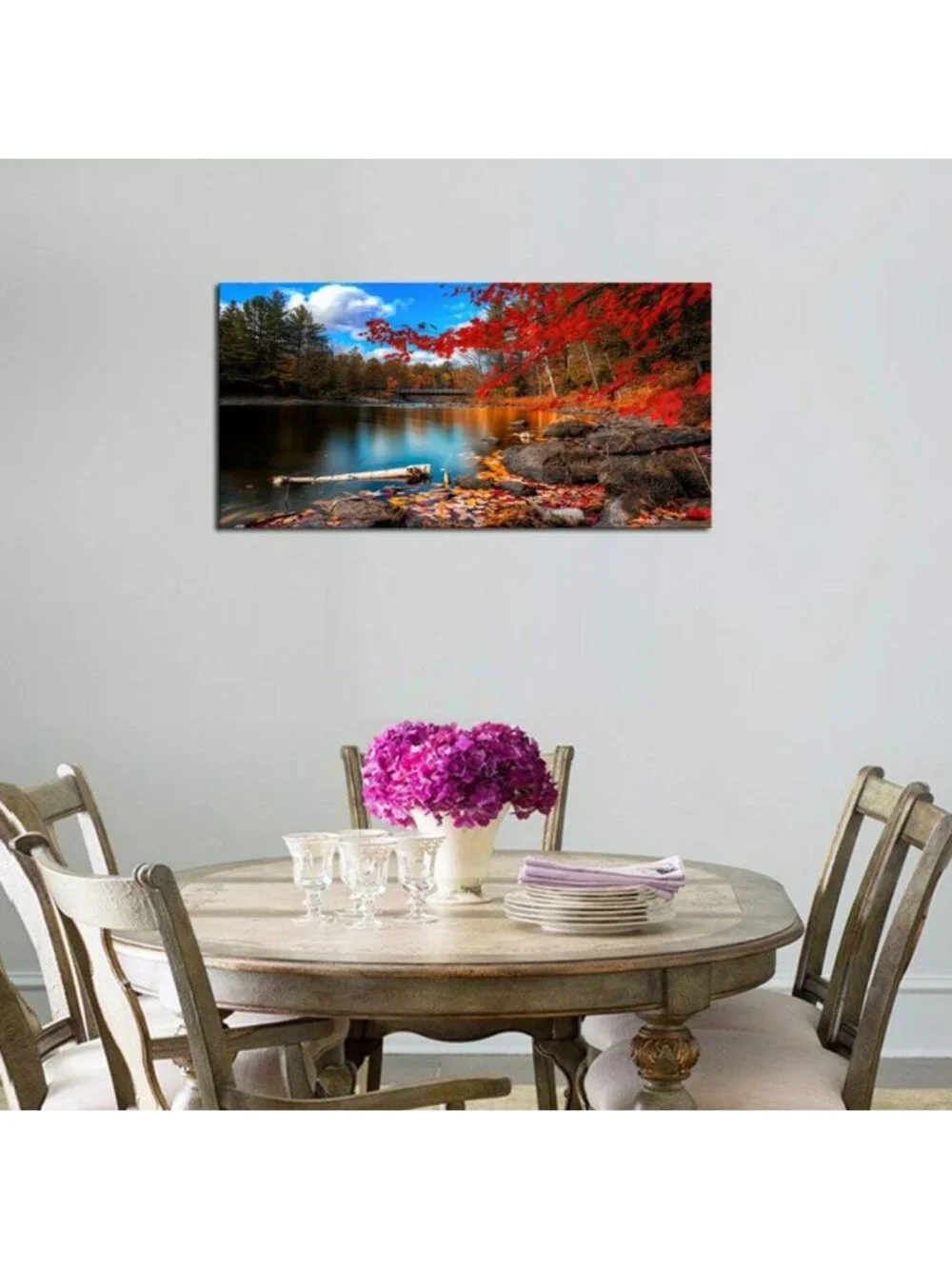 Lake Mountain Canvas Wall Art - Red Maple Leaf Nature Decor for Living Room